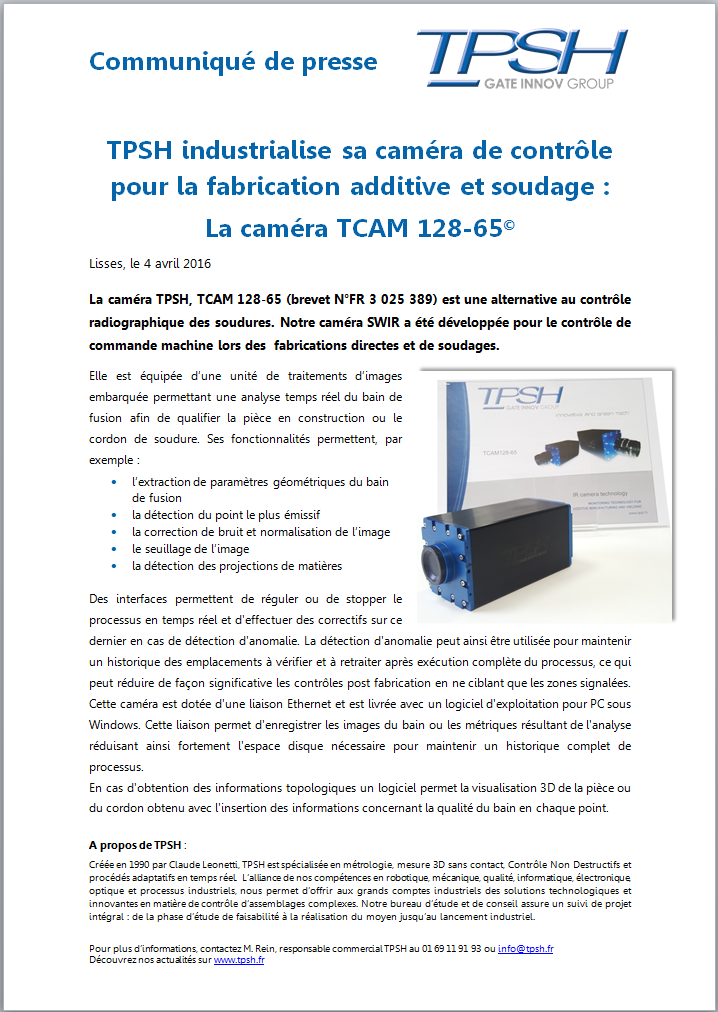 ommuniqué de presse_Caméra TPSH pour fabrication additive et soudage_photo